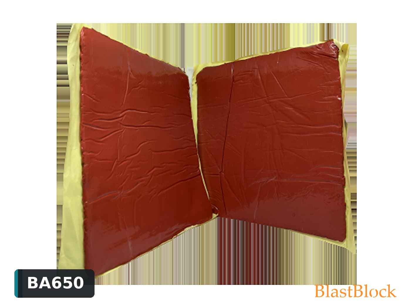 แผ่นอุดกันเสียง BlastPutty BA650 สีแดง คลี่ออกบนแผ่นรองกาวสีเหลือง